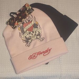 Two Ed Hardy Pink Cuffed Beanies with Embroidered Logo and Skull Heart Graphic